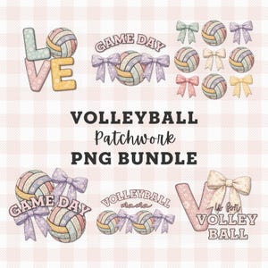 Pode incluir: Um pacote gráfico digital com bolas de voleibol com padrões de patchwork pastel, laços e elementos de texto como "LOVE", "GAME DAY" e "VOLLEYBALL". O design inclui o texto "VOLLEYBALL Patchwork PNG BUNDLE".