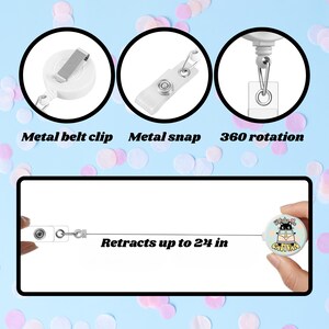 May include: White retractable badge reel with a metal belt clip, metal snap, and 360-degree rotation. The reel retracts up to 24 inches. The badge reel has a round design with a cartoon cat graphic and the text "I'd take the CATNAP".