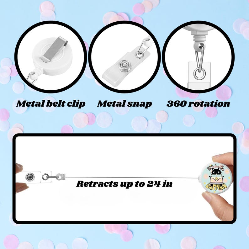 May include: White retractable badge reel with a metal belt clip, metal snap, and 360-degree rotation. The reel retracts up to 24 inches. The badge reel has a round design with a cartoon cat graphic and the text "I'd take the CATNAP".