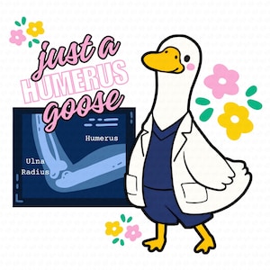 Puede incluir: Ilustración de un ganso vestido de médico, con bata blanca y uniforme azul. La imagen incluye el texto "just a HUMERUS goose" y una radiografía de un brazo. Flores rosas y amarillas decoran la imagen.