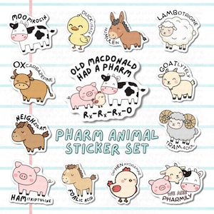 May include: A set of Pharm Animal stickers featuring cartoon animals with pharmaceutical-themed puns. Includes a cow, pig, sheep, donkey, and other farm animals. The text "Pharm Animal Sticker Set" is displayed.