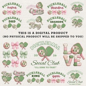 May include: Digital product featuring various pickleball-themed designs. Includes text like "Pickleball Mama," "Court Queen," and "Social Club." Designs incorporate pickleballs, paddles, and bows in shades of green, pink, and white. Text states "This is a digital product."
