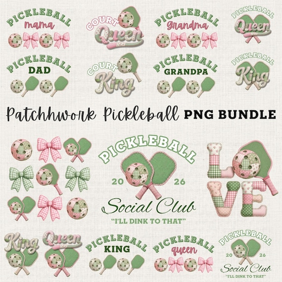 Patchwork Pickleball PNG Bundle - Pickleball Social Club Design, Preppy Coquette Aesthetic for Court Queen & Court King, Grandma and Grandpa