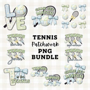 May include: A digital PNG bundle featuring tennis-themed designs. Includes the word "LOVE" with a tennis ball and racket, "GAME SET MATCH" text, tennis balls, bows, and text for "senior", "sophomore", "junior", and "freshman".