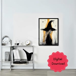 May include: A black and white digital illustration of a witch wearing a large black hat with a yellow brim. The witch is standing in a field with birds flying overhead. The background is a yellow and white abstract design.
