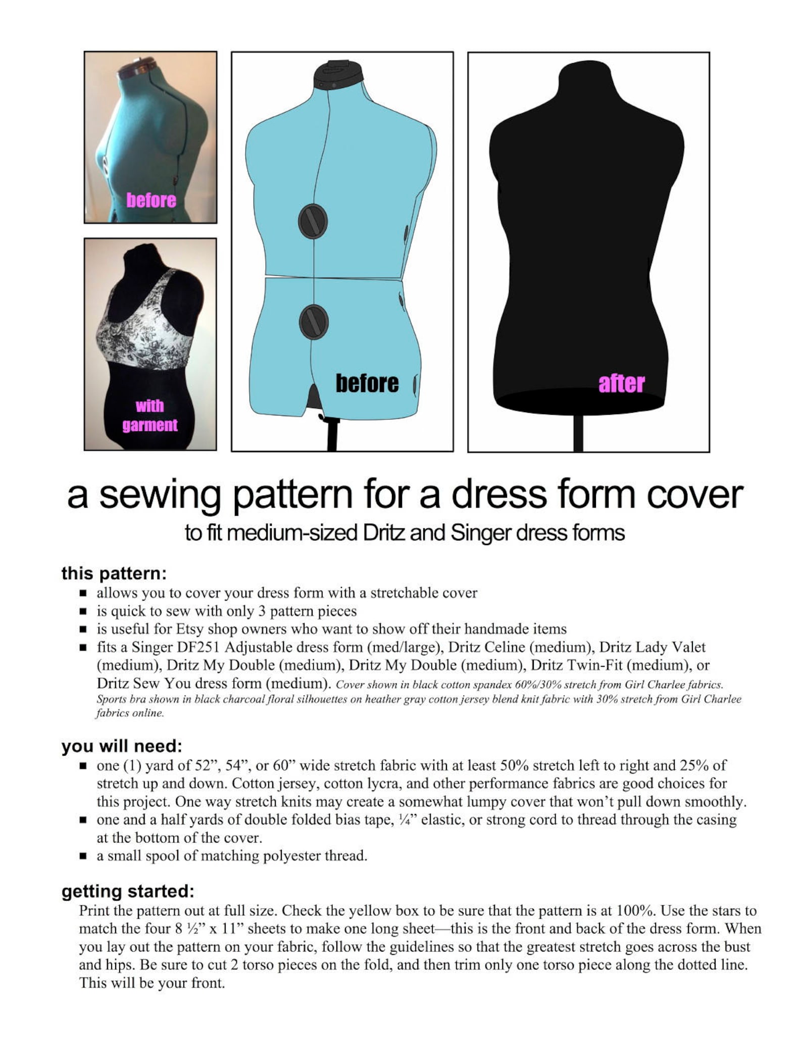 Dress Form Cover Sewing Pattern fits Dritz and Singer. Etsy UK