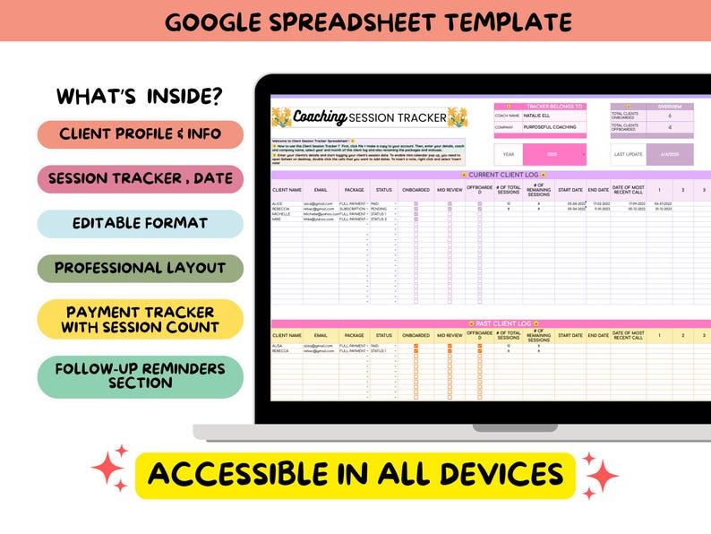 May include: A laptop screen showing a Google Spreadsheet template. The template includes sections for client profiles, session tracking, payment tracking, and follow-up reminders. Text on the screen reads "Google Spreadsheet Template" and "Accessible in All Devices."