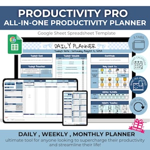 Productivity Pro Planner: Daily, Weekly, Monthly Google Sheets (PDF Download)