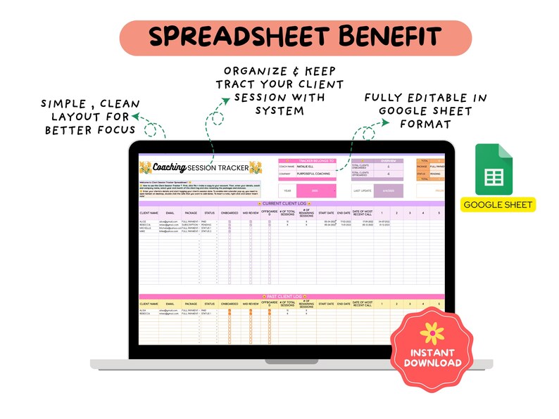 May include: A laptop screen shows a spreadsheet labelled "Coaching Session Tracker." The image highlights the benefits of the spreadsheet, including a simple layout, client session organisation, and Google Sheet format. A red "Instant Download" badge is visible.