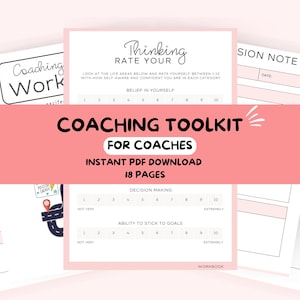 Op de afbeelding: Een Coaching Toolkit voor Coaches, een directe PDF-download met 18 pagina's. De afbeelding toont verschillende werkbladen met vragen voor zelfevaluatie, waaronder het beoordelen van het vertrouwen in jezelf, besluitvorming en het vasthouden aan doelen.