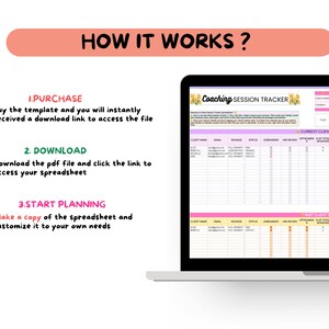 May include: A laptop screen shows a spreadsheet labelled "Coaching Session Tracker." The image includes instructions: purchase, download, and start planning. The spreadsheet has pink and white sections with client details and session data.