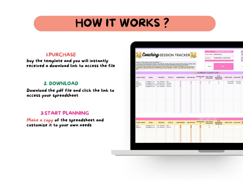 May include: A laptop screen shows a spreadsheet labelled "Coaching Session Tracker." The image includes instructions: purchase, download, and start planning. The spreadsheet has pink and white sections with client details and session data.