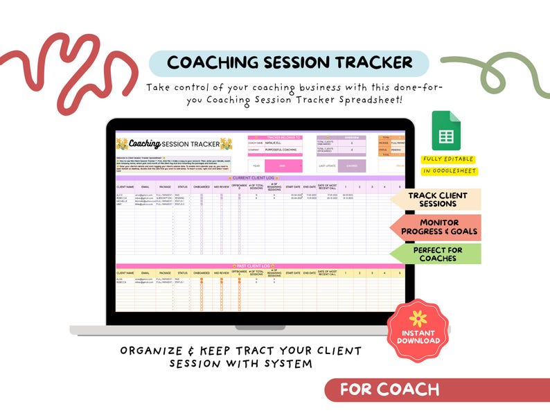 May include: A laptop screen shows a Coaching Session Tracker spreadsheet. The spreadsheet has columns for client details and session tracking. Text on the screen includes "Track Client Sessions" and "Monitor Progress & Goals."