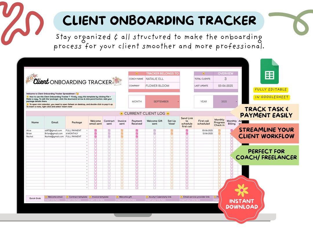 Client Onboarding Tracker Google Sheet | CRM for Coaches, Freelancers ...