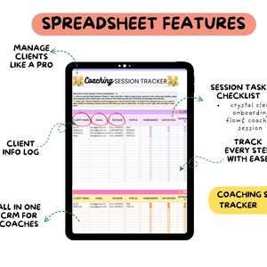 May include: A digital tablet shows a spreadsheet labelled "Coaching Session Tracker." The image highlights features like client info log, session task checklist, and CRM capabilities. Text includes "Manage Clients Like a Pro" and "Track Every Step With Ease."