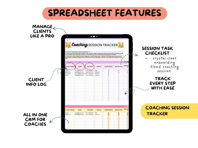 May include: A digital tablet shows a spreadsheet labelled "Coaching Session Tracker." The image highlights features like client info log, session task checklist, and CRM capabilities. Text includes "Manage Clients Like a Pro" and "Track Every Step With Ease."