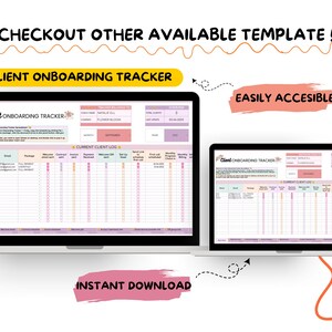 May include: Two laptops showing a "Client Onboarding Tracker" template. The template includes a table for client data and progress tracking. Text includes "Easily Accessible" and "Instant Download."