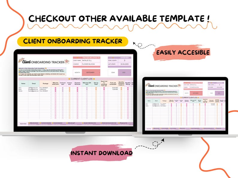 May include: Two laptops showing a "Client Onboarding Tracker" template. The template includes a table for client data and progress tracking. Text includes "Easily Accessible" and "Instant Download."