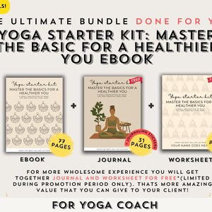 Könnte beinhalten: Ein digitales Produktpaket für Yogalehrer, bestehend aus einem E-Book, einem Tagebuch und einem Arbeitsblatt. Das Paket umfasst 77 Seiten Inhalt, 31 Seiten Journal-Sticker und 7 Seiten Arbeitsblätter. Der Text auf dem Bild lautet "Yoga Starter Kit: Master the Basics for a Healthier You Ebook".