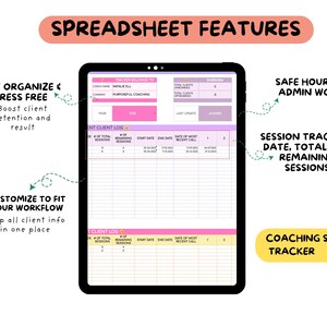 May include: A digital tablet shows a spreadsheet titled "SPREADSHEET FEATURES." The screen displays a coaching session tracker with client logs and session tracking sections. Text highlights features such as staying organised, customising workflow, and safe admin hours.