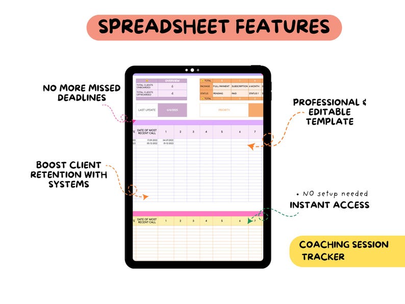 May include: A digital coaching session tracker on a tablet. The spreadsheet features a professional, editable template, instant access, and systems to boost client retention. Text on the image reads "Spreadsheet Features."
