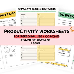 May include: A set of printable productivity worksheets, featuring a pink banner with the text "PRODUCTIVITY WORKSHEETS". The worksheets include sections for time management, task organisation, and goal setting. The text "INSTANT PDF DOWNLOAD" is also visible.