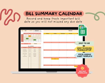 Bill Summary Calendar: Google Sheets Budget Planner (Digital Download)