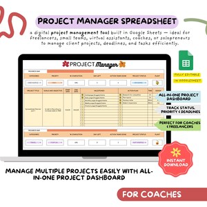 Hoja de cálculo de Google para gerente de proyectos: Seguimiento de tareas y planificación de proyectos para clientes (descarga digital)