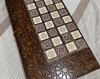 Handmade Wooden Chess & Backgammon Board - Mosaic Inlay, Pearls, Foldable, with Backgammon Pieces.