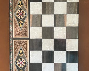 Handmade Wooden Chess & Backgammon Board - Mosaic Inlay, Pearls, Foldable, with Pieces.