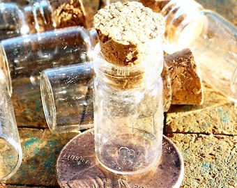 Tiny Bottles, 10 count, clear glass vials, 1 ml, with corks, small glass jars