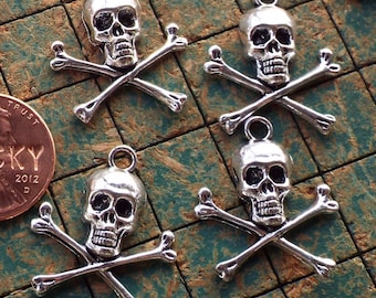 Metal Skull and crossbones charms, 10 count, silvertone, pirate, halloween, nautical, steampunk