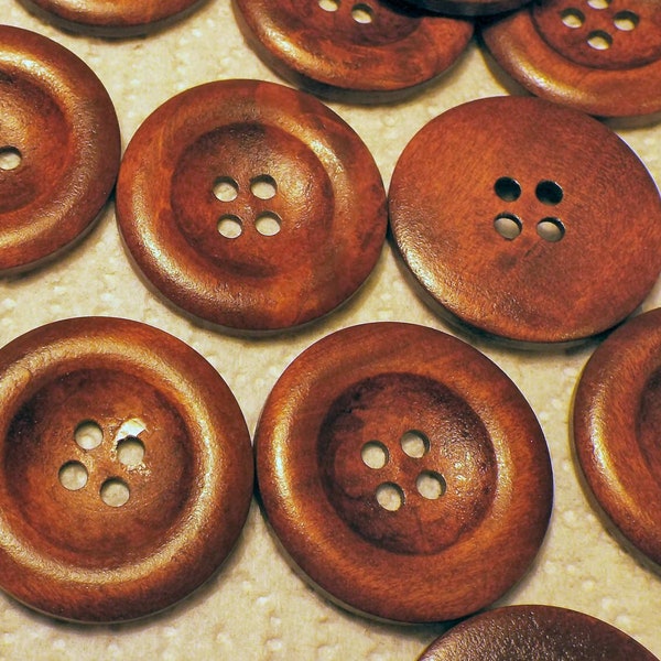20 Wood Buttons, dark brown finish, large 1 3/8", 35mm natural wood buttons, sewing, crafts, scrapbook