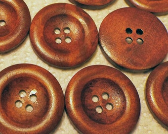 20 Wood Buttons, dark brown finish, large 1 3/8", 35mm natural wood buttons, sewing, crafts, scrapbook