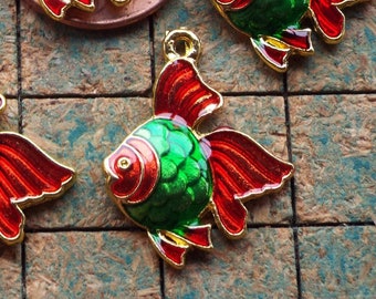 Enameled fish charms, Koi jewelry, gold, red, green, tropical fish, pendant, carp, beta fish, jewelry fish