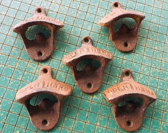 5 Cast Iron Bottle Cap Openers, Wall mount cap lifter, Open Here bottle opener, craft supply, mancave gas station