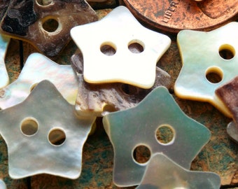 Small Mother of Pearl star buttons, 20 count, 1/2", Natural shell buttons, 2 hole, nacre buttons, sewing, crafting, scrapbook