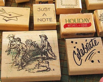 Craft Stamp Destash, 24 count, ink stamps, wood block, rubber craft stamps, assorted, cards, celebrate, house, garden, greetings, flower