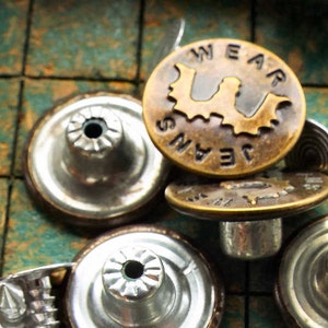 10 Metal Buttons, Wear Jeans, Replacement, 17mm, no sew tack button, Bronze Tone metal, jean jacket button, sewing supply, denim repair