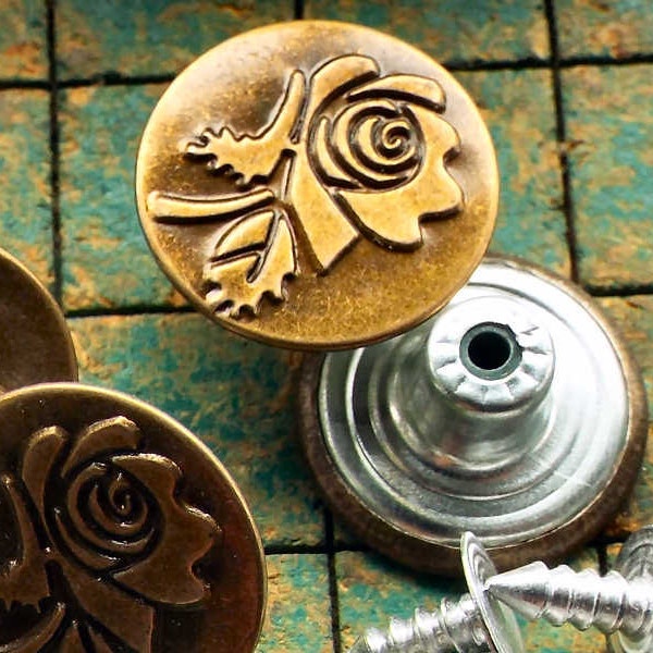 15 Metal Buttons with Rose, 17mm, no sew tack button, Bronze Tone metal, jean jacket button, flower, sewing supply, denim repair