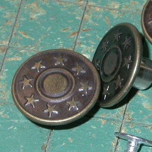 15 Metal Buttons, No Sew tack button, metal, star bullseye, 17mm, jean jacket type, Bronze Tone,