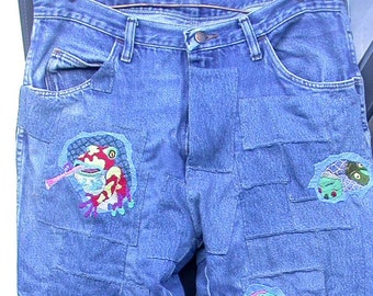 Resurrected Jeans, Embroidered Patchwork Pants, Escape From Chaos, upcycled Rustlers, festival, hippie, recycle
