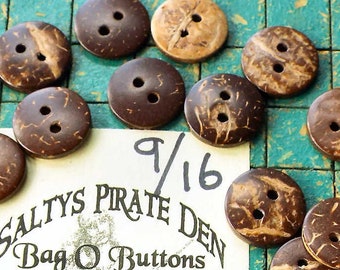 60 small coconut shell Buttons, 15mm buttons, hawaiian shirt, 9/16 inch, little coconut  button, sewing, crafts