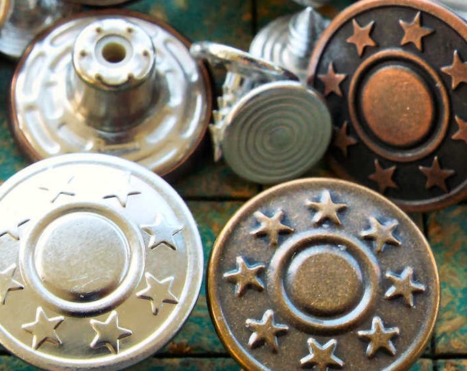 15 Metal Tack Buttons, 17mm, Assortment, 5 Each Copper Bronze Silver Tone, Star Bullseye, Jean