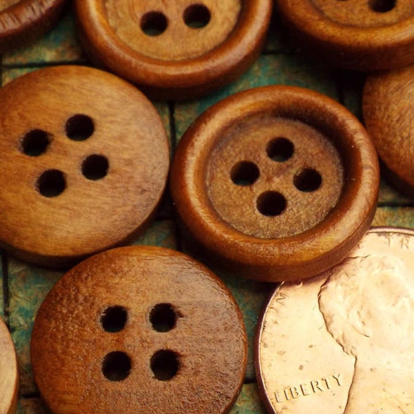 40 brown wood buttons, 15mm, 4 hole, natural wood buttons, sewing, scrapbooking, crafts