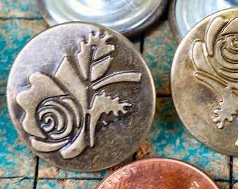 10 Metal Buttons with Rose, No Sew Tack Buttons, 20mm, Bronze Tone,  Jean jacket style