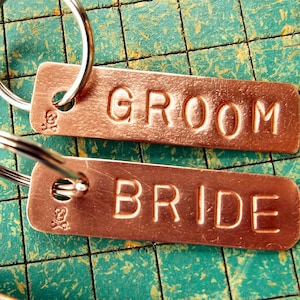 Bride and Groom, stamped copper tags, key rings, zipper pull, wedding keychain, keepsake, upcycle, recycled copper pipe