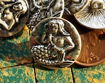 Metal Mermaid buttons, 7 count, silver tone, 3/4 inch, very decorative, pirate, nautical, , sewing supply, scrapbook