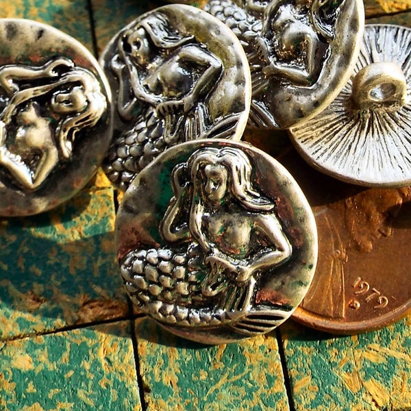 Metal Mermaid buttons, 7 count, silver tone, 3/4 inch, very decorative, pirate, nautical, , sewing supply, scrapbook