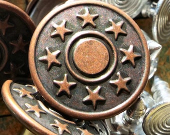 15 Tack Buttons, copper tone metal, 17mm, star bullseye,  jean jacket type, no sew, suspender buttons